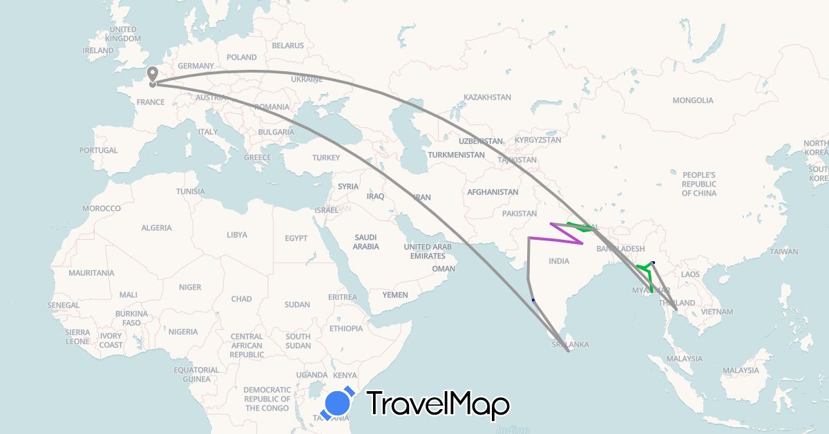 TravelMap itinerary: driving, bus, plane, train in China, France, India, Sri Lanka, Myanmar (Burma), Nepal, Thailand (Asia, Europe)