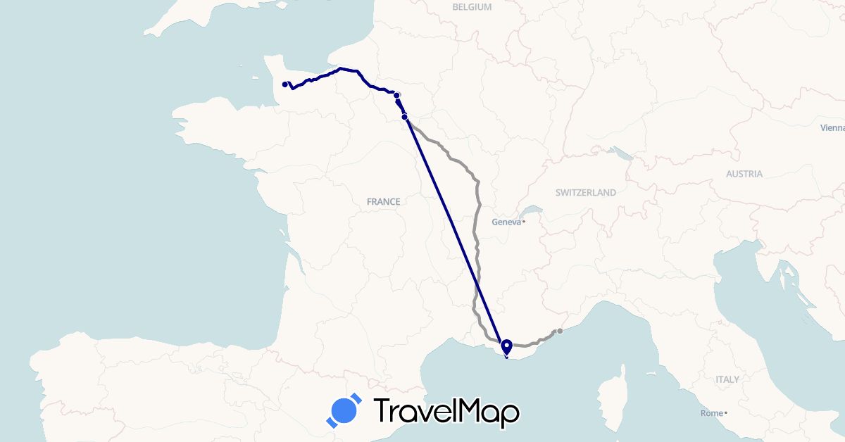 TravelMap itinerary: driving, plane in France, Monaco (Europe)