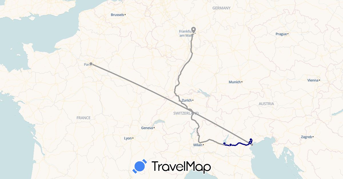 TravelMap itinerary: driving, plane in Germany, France, Italy (Europe)