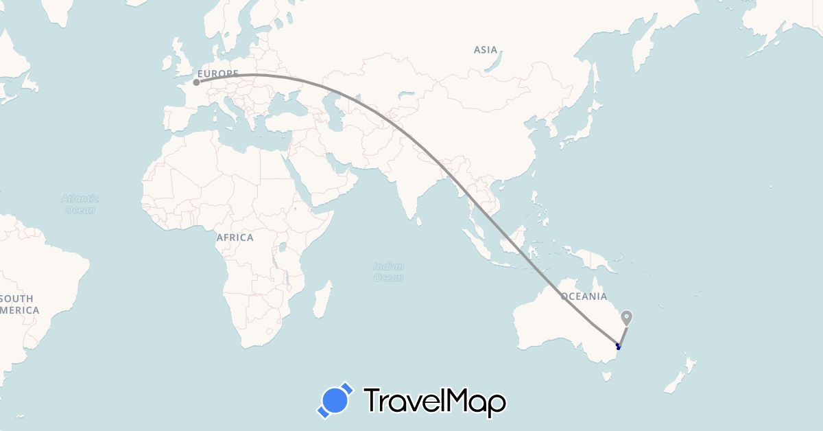 TravelMap itinerary: driving, plane in Australia, France, Thailand (Asia, Europe, Oceania)